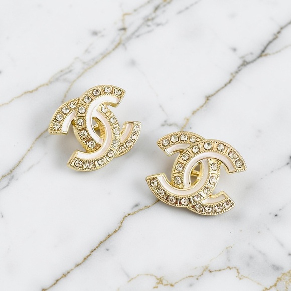 Upcycled Jewelry - Luxury Gold/White/Rhinestone Upcycled Button Earrings